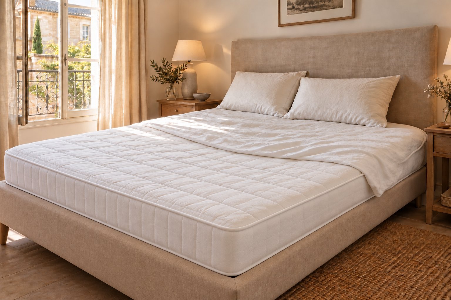 Une belle chambre d'hôtel : rideaux, lampe de chevet, décoration, lit recouvert d'un plaid