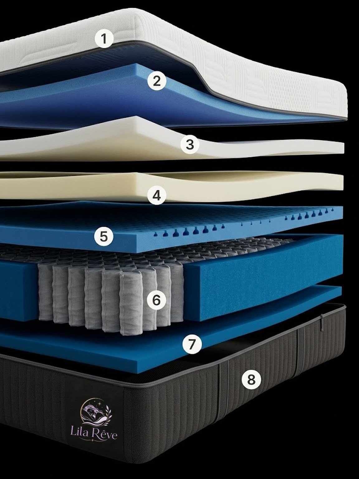 Coupe du matelas Lila Rêve : couches de confort et ressorts ensachés