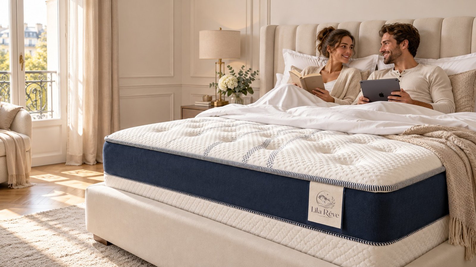 Couple dans une chambre d'hôtel lumineuse, sur un matelas Lila Rêve