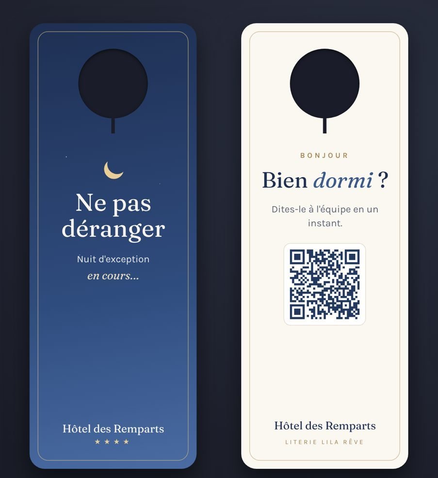 Accroche-porte : face Ne pas déranger côté couloir, face Bien dormi ? avec QR code côté chambre