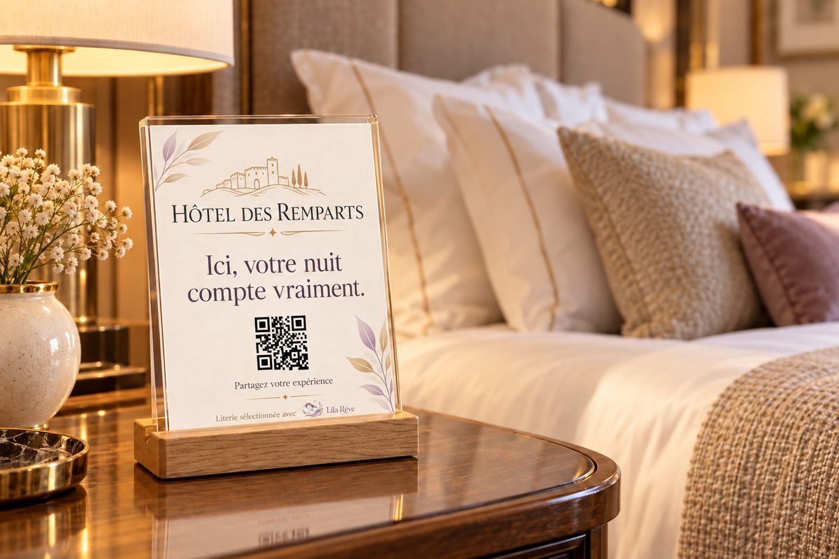 Chevalet sur la table de chevet, au nom de l'hôtel, avec QR code et signature Lila Rêve