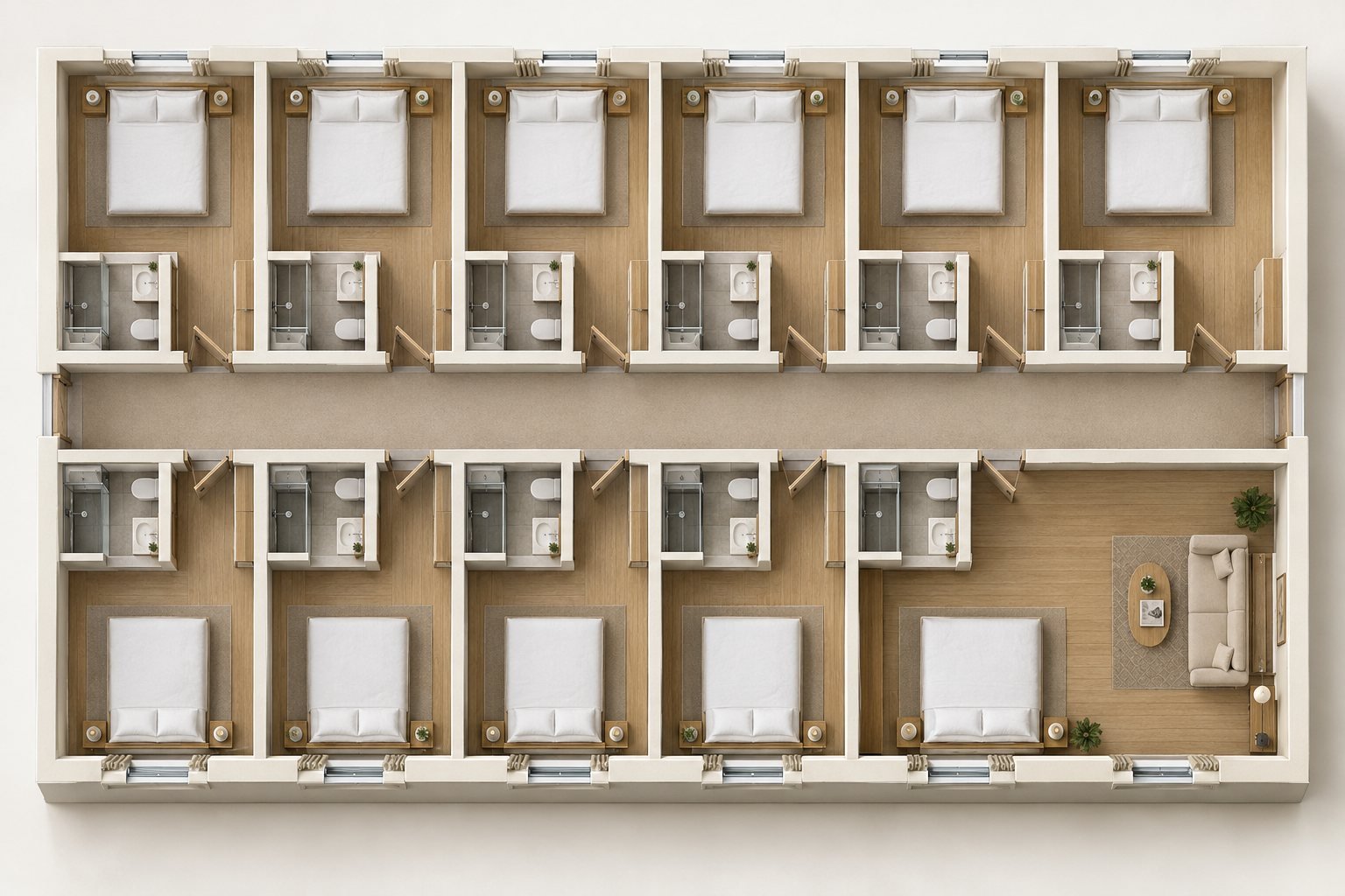 Plan d'un étage d'hôtel de 11 chambres vu de dessus